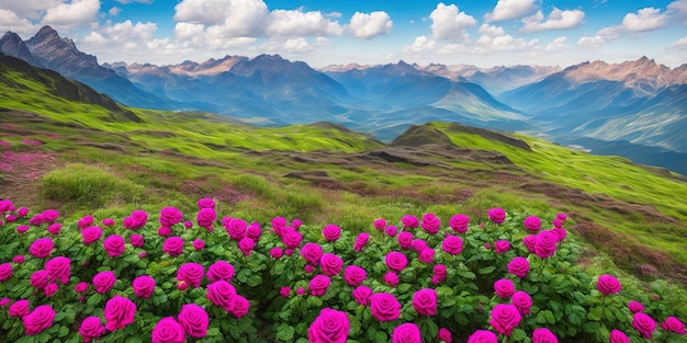 A landscape with mountains and flowers in the background