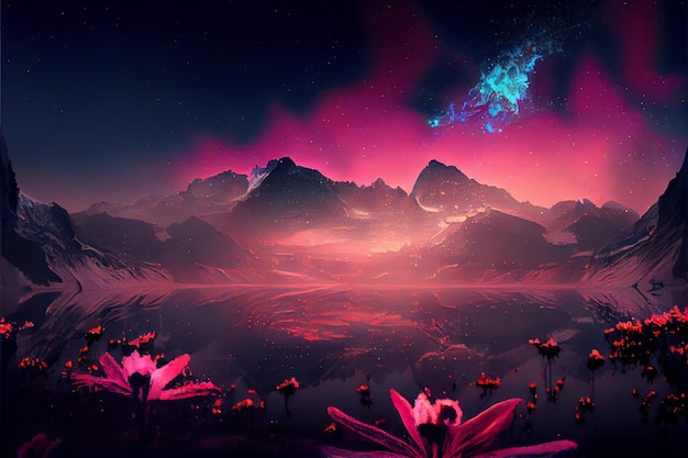 Landscape with mountains and flowers in the foreground Generative Ai