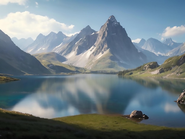 A landscape with mountains and a lake in the background