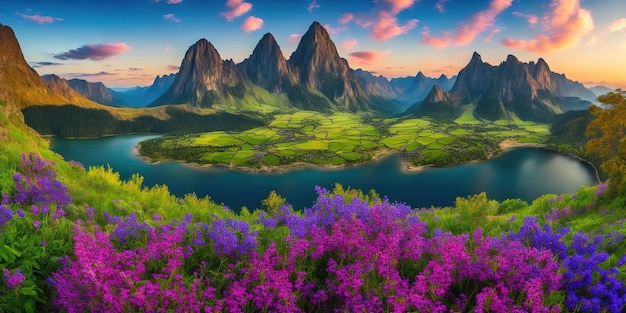 A landscape with mountains and a lake in the background