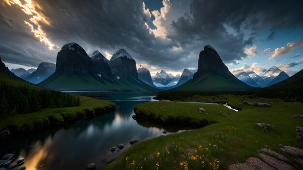 A landscape with mountains and a lake with a cloudy sky