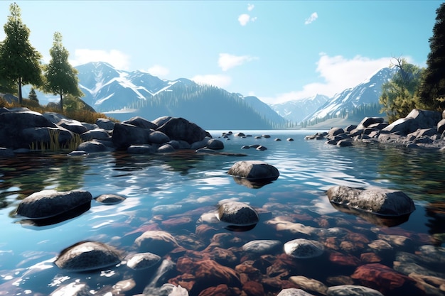 A landscape with mountains and a lake with a lake and a man standing on rocks.