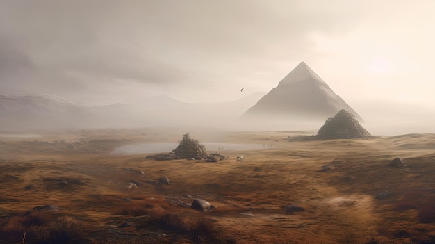 A landscape with mountains and a large pyramid in the distance.