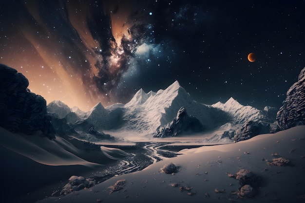 A landscape with mountains and a planet with the moon in the background