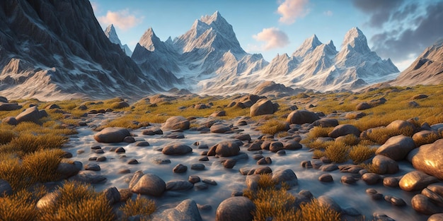 A landscape with mountains and a river in the foreground.