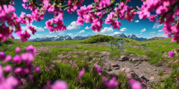 A landscape with mountains and a sign that says'mountain '