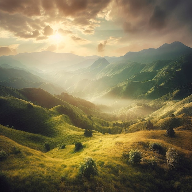 A landscape with mountains and a sun shining through the clouds