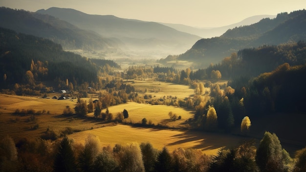 A landscape with mountains and trees in the background