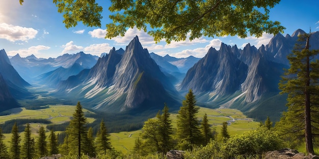 A landscape with mountains and trees in the foreground.