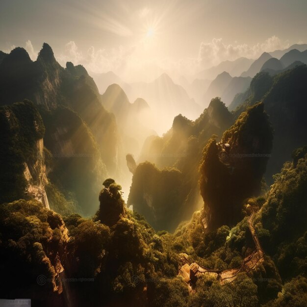 A landscape with mountains and trees and the sun shining through the clouds