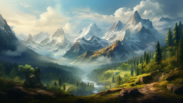 A landscape with mountains and trees