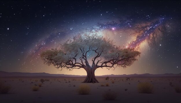 Landscape with mystical tree milky way and stars in the sky Generative AI