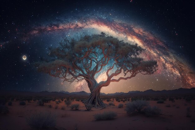 Landscape with mystical tree milky way and stars in the sky Generative AI