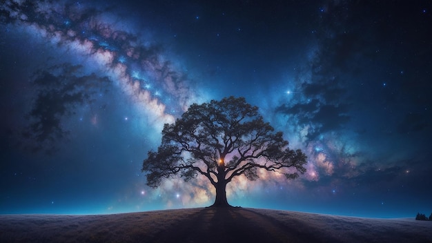 Landscape with mystical tree milky way and stars in the sky