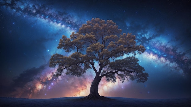 Landscape with mystical tree milky way and stars in the sky