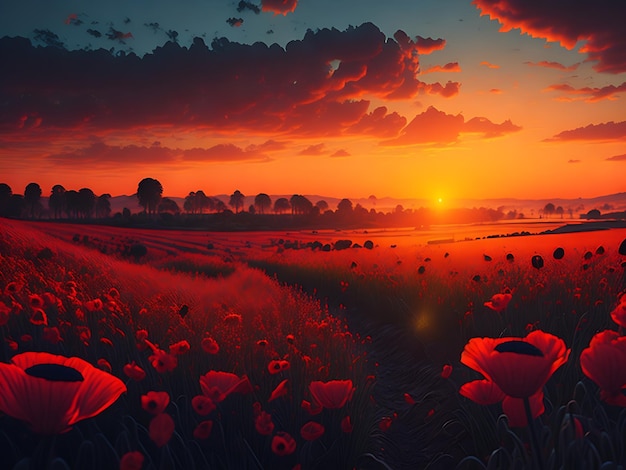 Landscape with nice sunset over poppy field panorama Neural network Ai generation