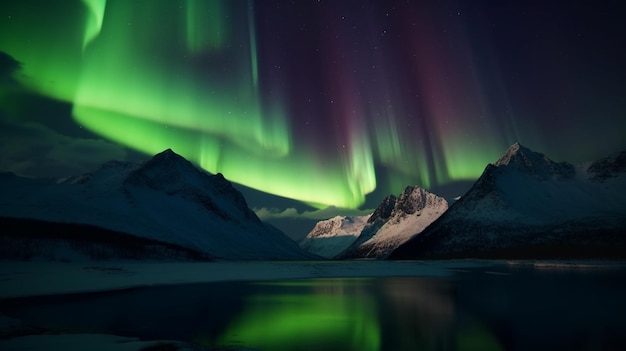 A landscape with the northern lights in the sky