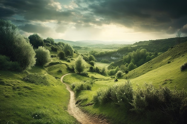 A landscape with a path leading to the mountains