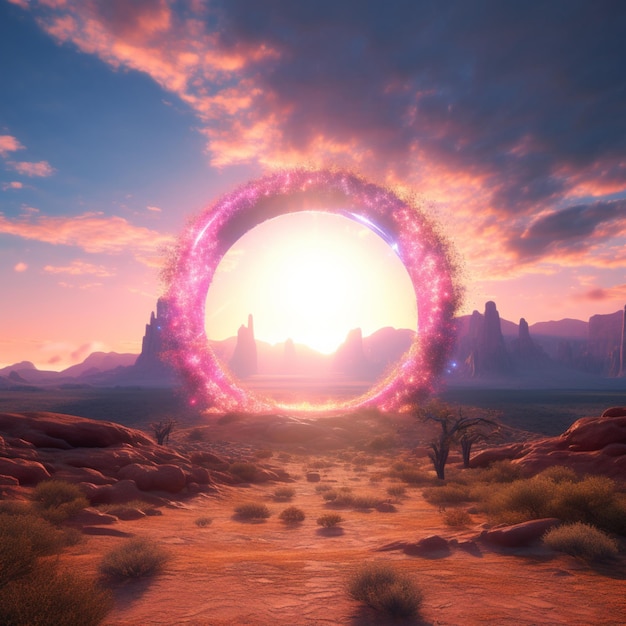 Photo a landscape with a pink circle with the sun setting behind it.