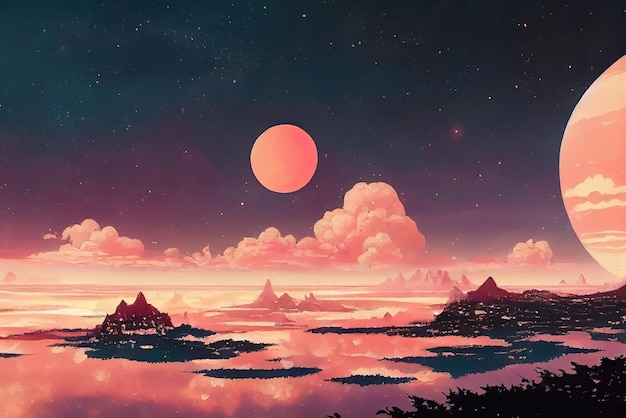 A landscape with a pink moon and a planet