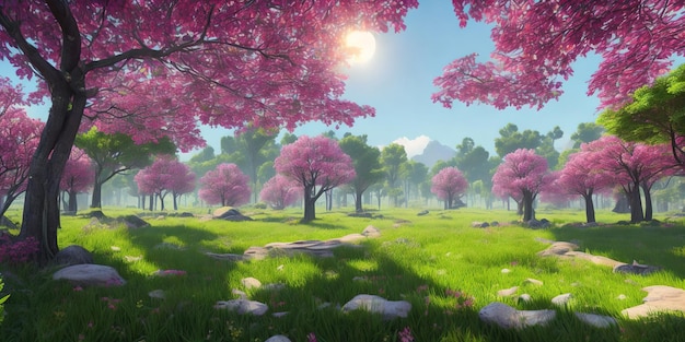 A landscape with pink trees and a blue sky with the sun shining on it.