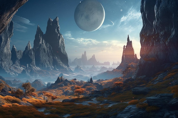 A landscape with a planet in the background