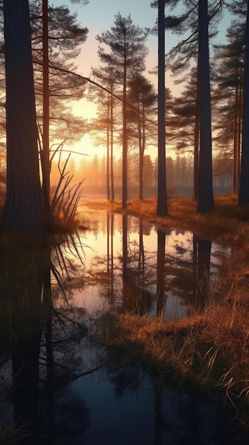 A landscape with a pond and trees in the foreground and the sun shining on the horizon.