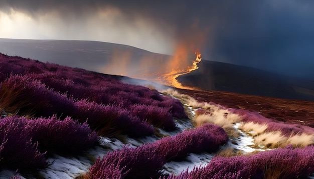 Landscape with purple flowers with a burning mountain in the background