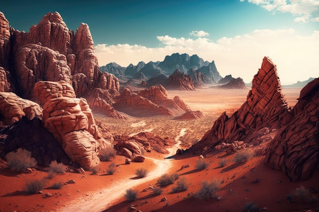 Landscape with red rock formations and dry desert valley created with generative ai