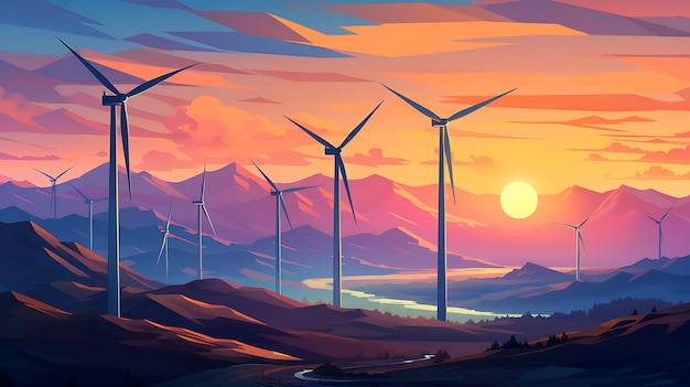 landscape with renewable and sustainable energy with wind turbines generative ai