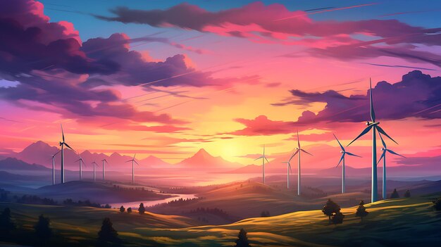 landscape with renewable and sustainable energy with wind turbines generative ai