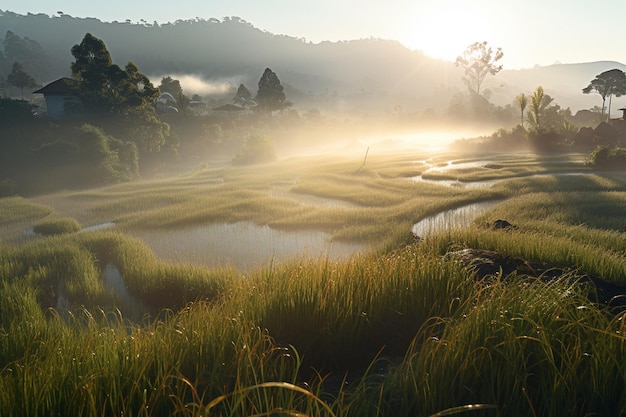 A landscape with a river and mountains in the background