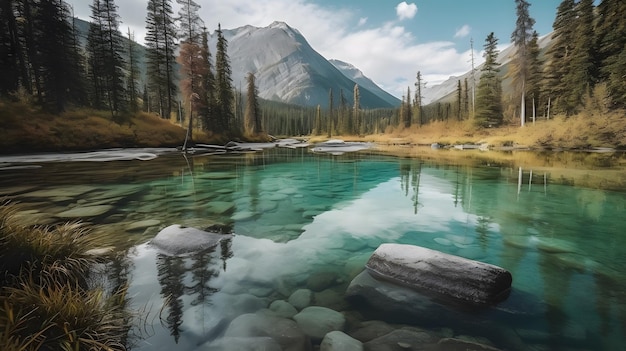 A landscape with a river and mountains in the background