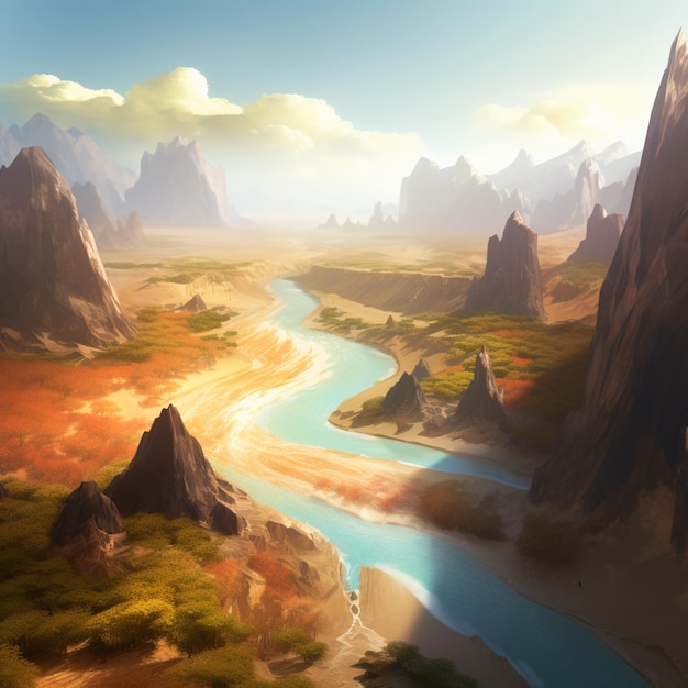 A landscape with a river running through it and mountains in the background.