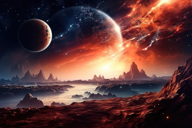 a landscape with rocks and planets in the sky