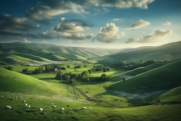 A landscape with sheeps and hills in the background.