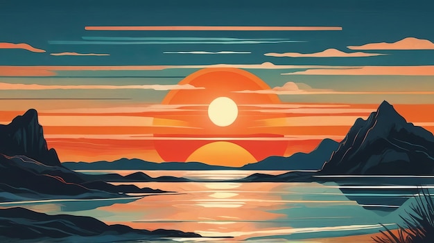 Landscape with silhouettes mid century style Generative Ai