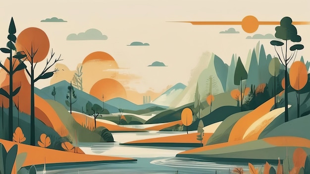 Landscape with silhouettes mid century style Generative Ai