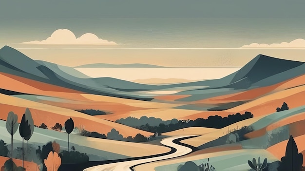 Landscape with silhouettes mid century style Generative Ai