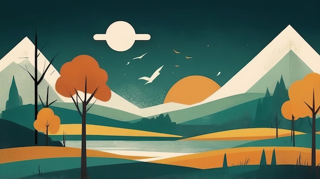 Landscape with silhouettes mid century style Generative Ai