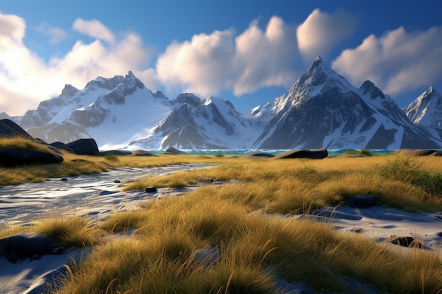 a landscape with snow capped mountains and a river in the background