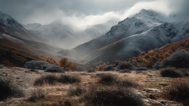 A landscape with snow covered mountains and a cloudy sky