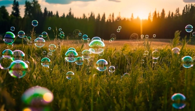 A landscape with a solar field and soap bubbles above it