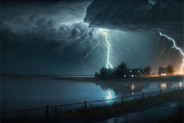 Landscape with storm clouds lightning house and lake created using generative ai technology