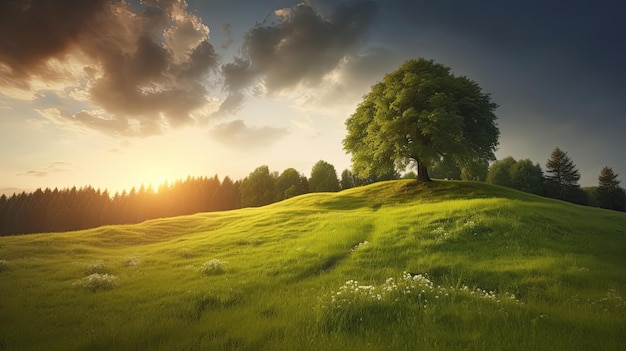 A landscape with a tree on the horizon