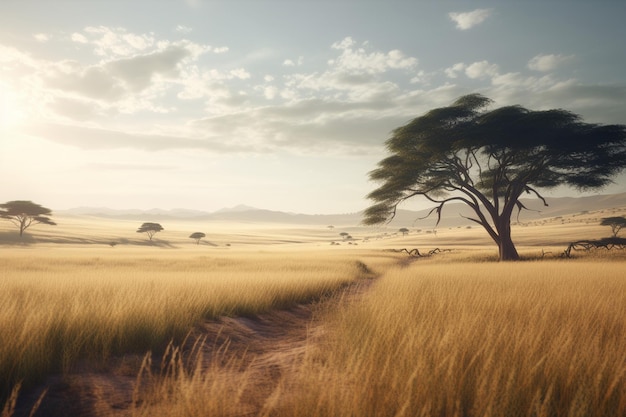 A landscape with a tree on the left and a road in the middle of the field.