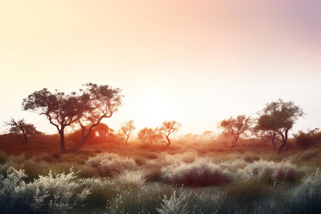 Landscape with trees and grasses at sunset