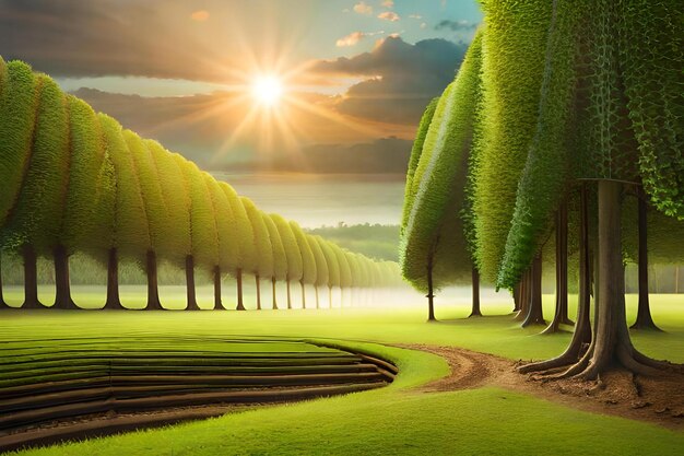 A landscape with trees and a road in the background