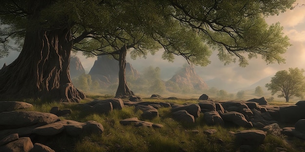 A landscape with trees and rocks in the foreground