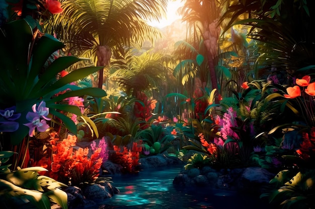 Landscape with a tropical garden where palm trees bamboo and exotic flowers shine in bright colors